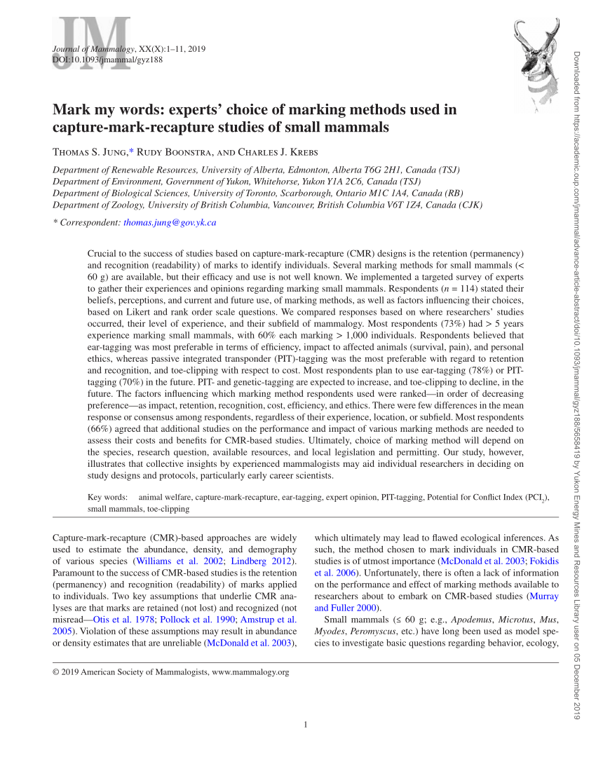 PDF) Mark my words: experts' choice of marking methods used in capture-mark- recapture studies of small mammals