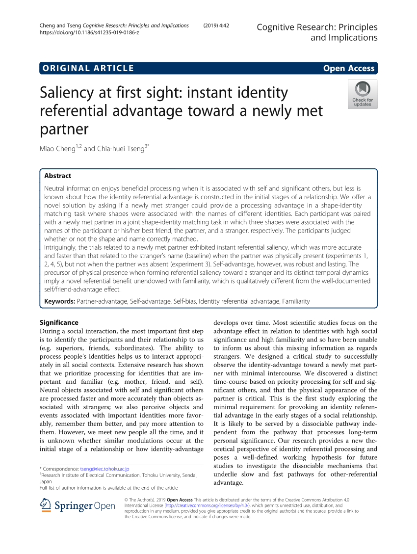Pdf Saliency At First Sight Instant Identity Referential Advantage Toward A Newly Met Partner