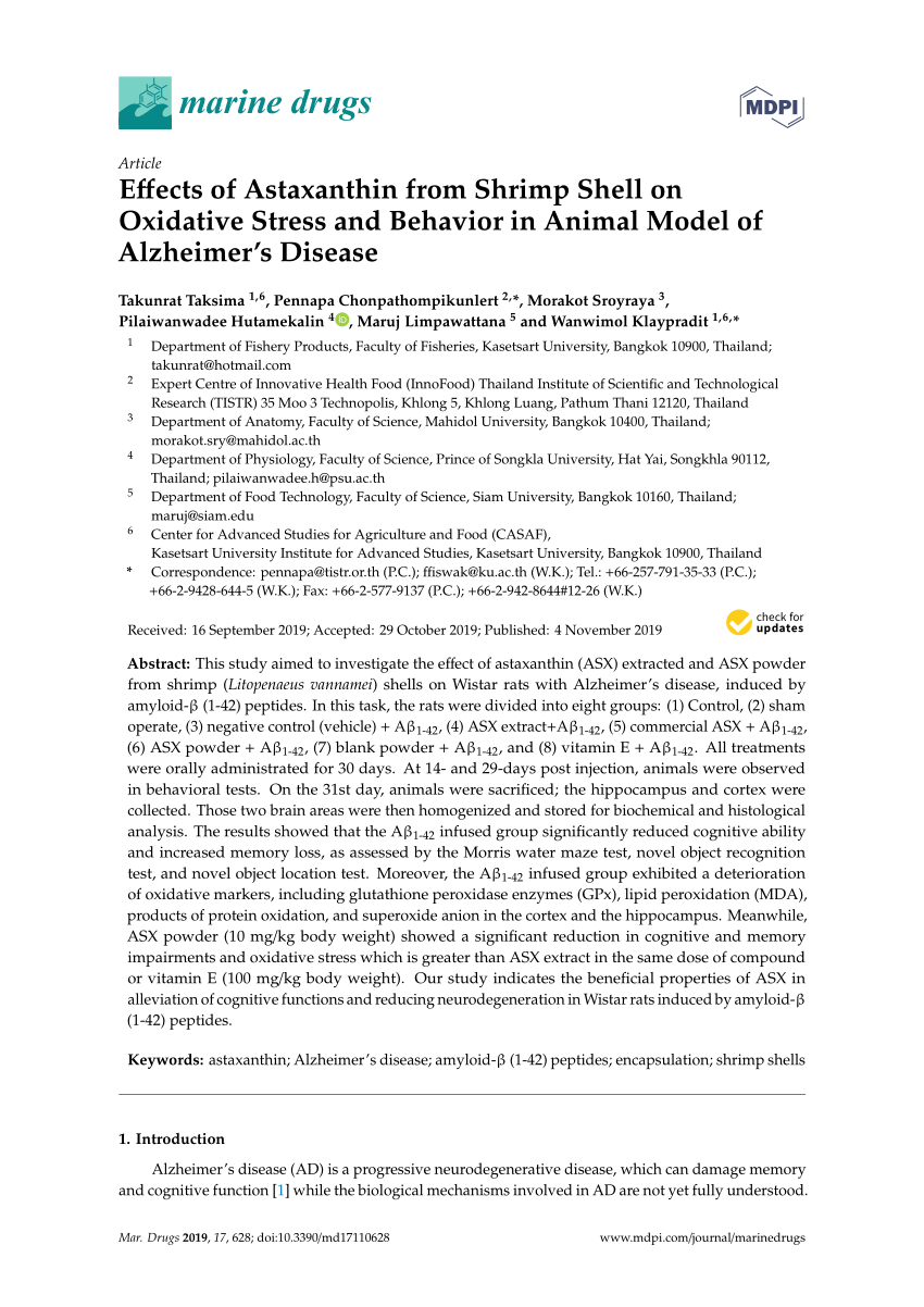 Pdf Effects Of Astaxanthin From Shrimp Shell On Oxidative Stress And Behavior In Animal Model Of Alzheimer S Disease