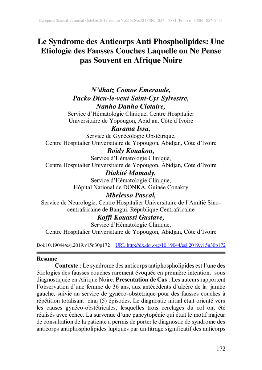 Pdf Le Syndrome Des Anticorps Anti Phospholipides Une Etiologie Des Fausses Couches Laquelle On Ne Pense Pas Souvent En Afrique Noire