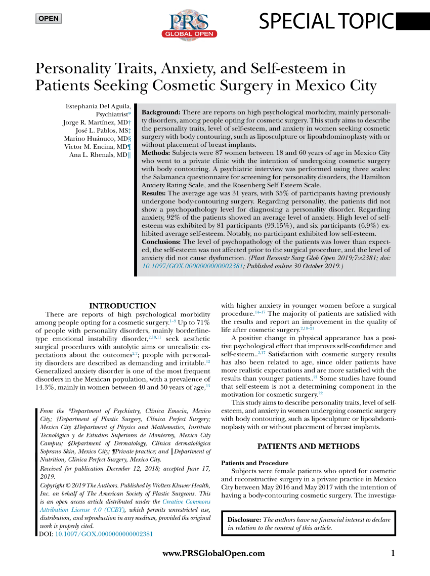 PDF) Personality Traits, Anxiety, and Self-esteem in Patients Seeking  Cosmetic Surgery in Mexico City