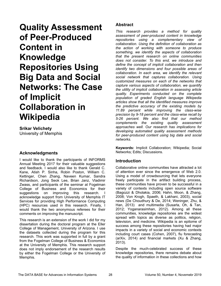 Pdf Quality Assessment Of Peer Produced Content In Knowledge Repositories Using Big Data And Social Networks The Case Of Implicit Collaboration In Wikipedia