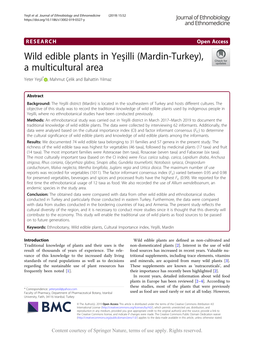 Pdf Wild Edible Plants In Yesilli Mardin Turkey A Multicultural Area