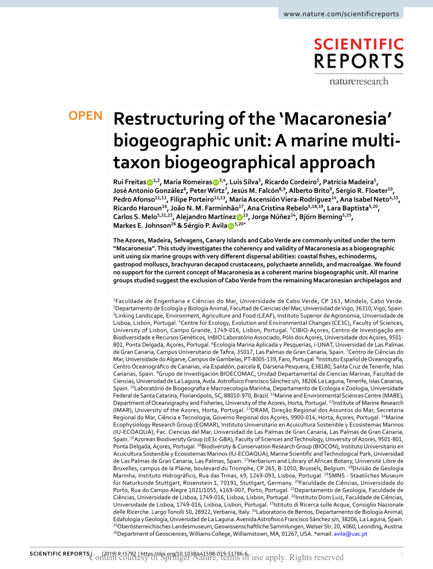 Pdf Restructuring Of The Macaronesia Biogeographic Unit A Marine Multi Taxon Biogeographical Approach