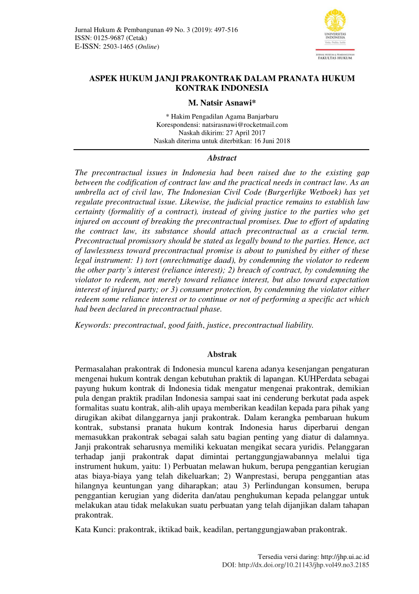 Pdf Aspek Hukum Janji Prakontrak Dalam Pranata Hukum Kontrak Indonesia