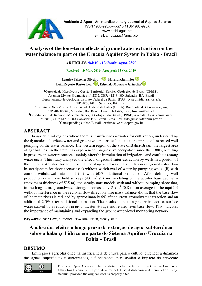 Pdf Analysis Of The Long Term Effects Of Groundwater Extraction On The Water Balance In Part Of The Urucuia Aquifer System In Bahia Brazil