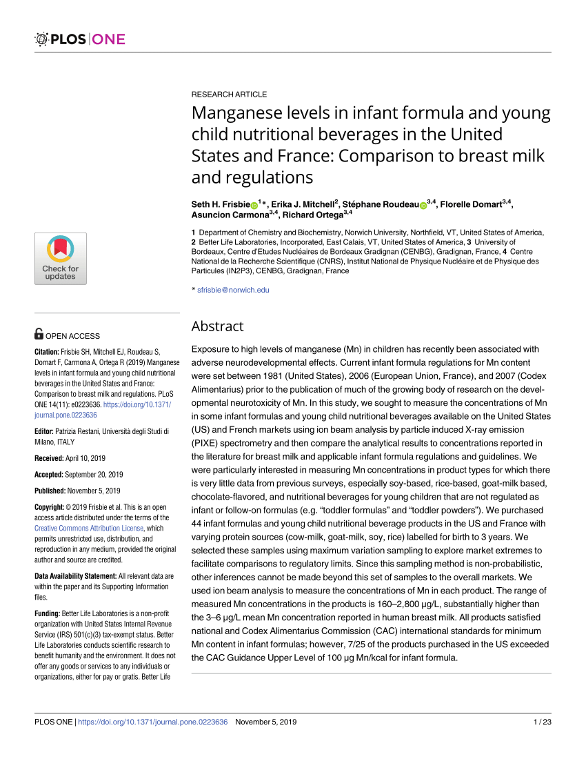 Pdf Manganese Levels In Infant Formula And Young Child Nutritional Beverages In The United States And France Comparison To Breast Milk And Regulations