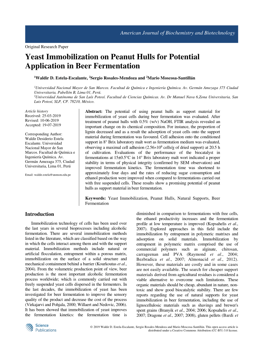 Pdf Yeast Immobilization On Peanut Hulls For Potential