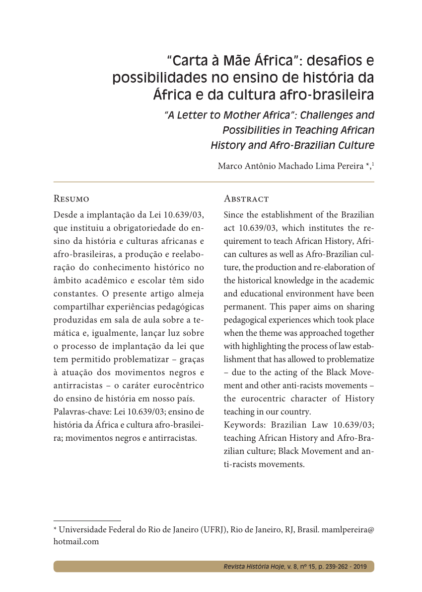 Pdf Carta à Mãe África Desafios E Possibilidades No Ensino De História Da África E Da 6521