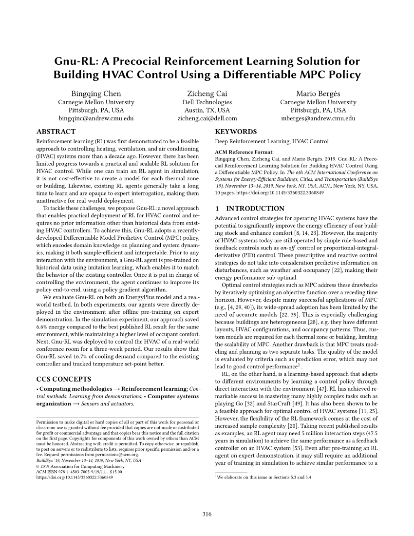 Pdf Gnu Rl A Precocial Reinforcement Learning Solution For Building Hvac Control Using A Differentiable Mpc Policy