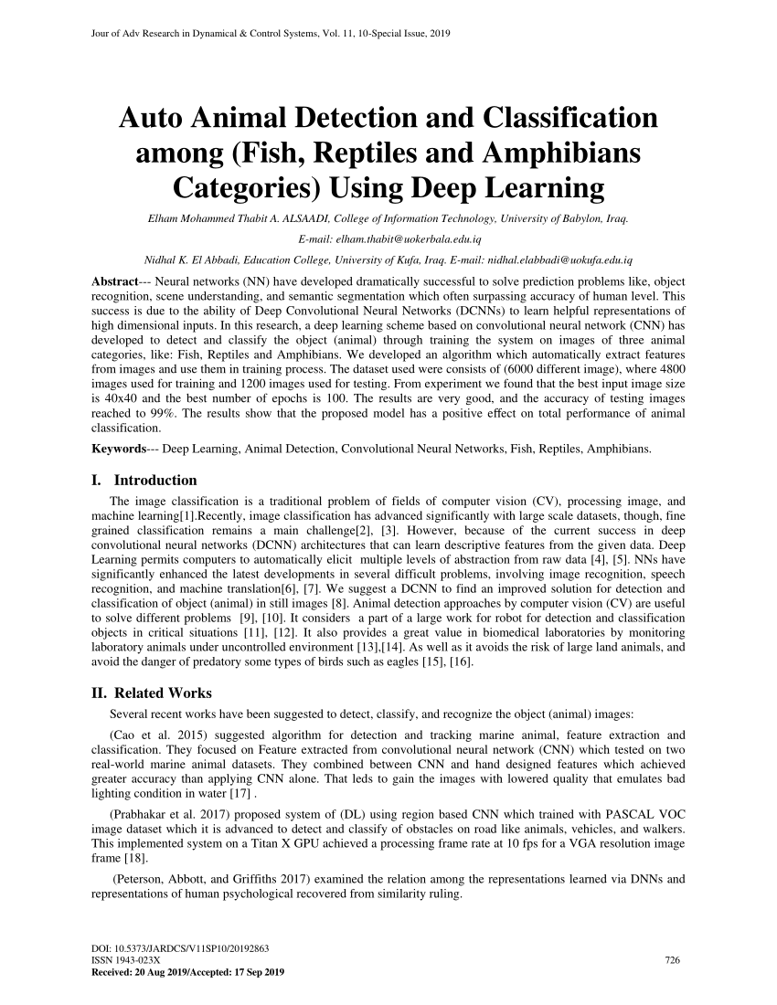 PDF) Auto Animal Detection and Classification among (Fish, Reptiles and  Amphibians Categories) Using Deep Learning