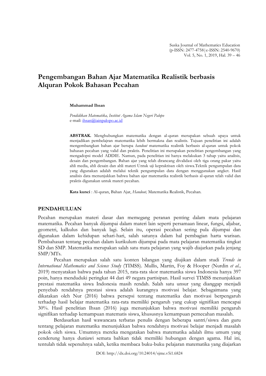 (PDF) Pengembangan Bahan Ajar Matematika Realistik berbasis Alquran
