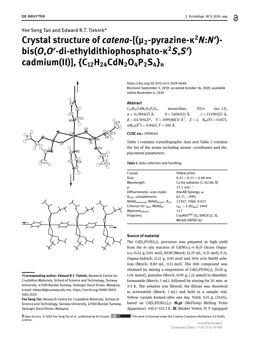 Pdf Crystal Structure Of Catena M2 Pyrazine K2n N Bis O O Di Ethyldithiophosphato K2s S Cadmium Ii C12h24cdn2o4p2s4 N