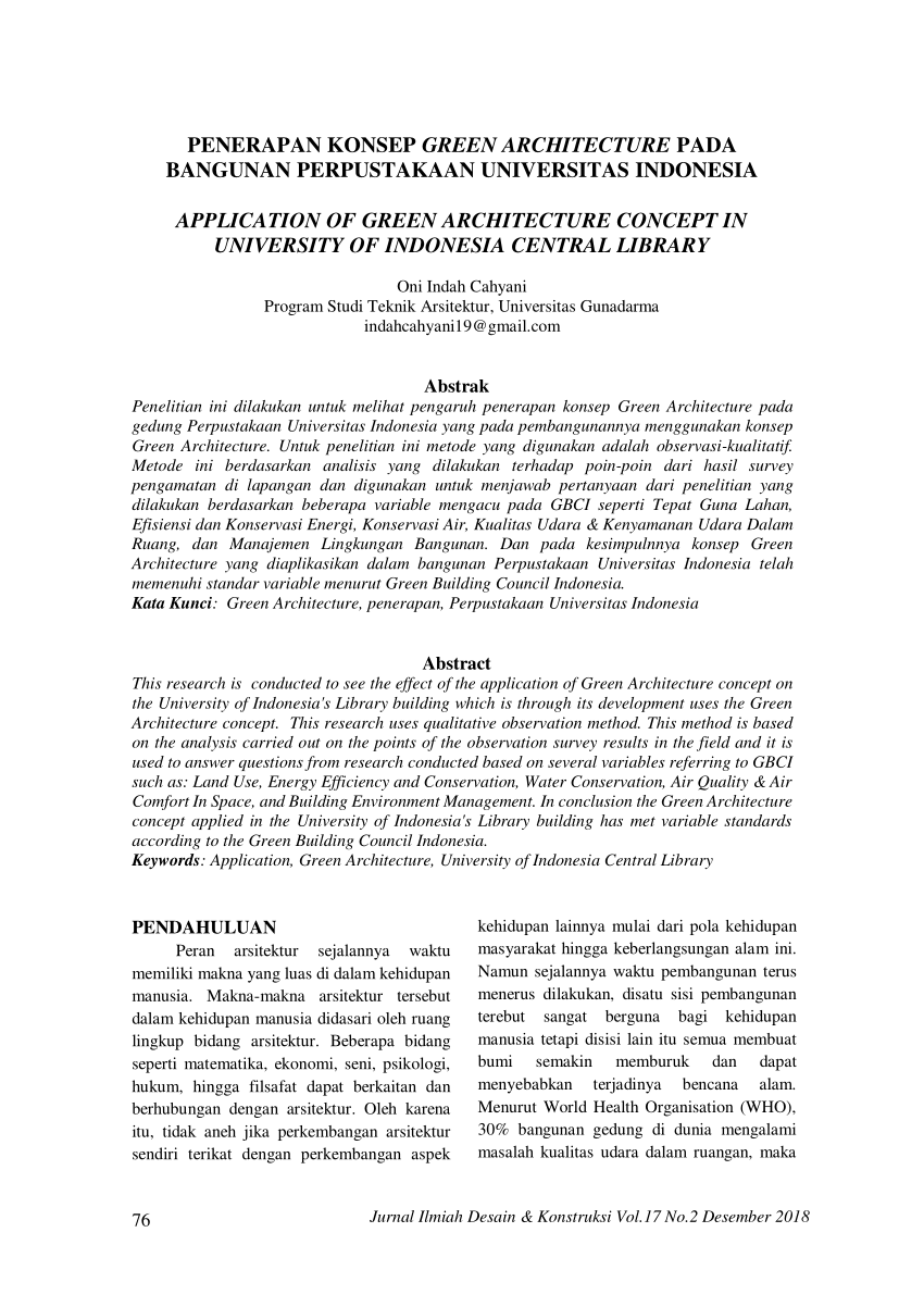 Pdf Penerapan Konsep Green Architecture Pada Bangunan Perpustakaan Universitas Indonesia