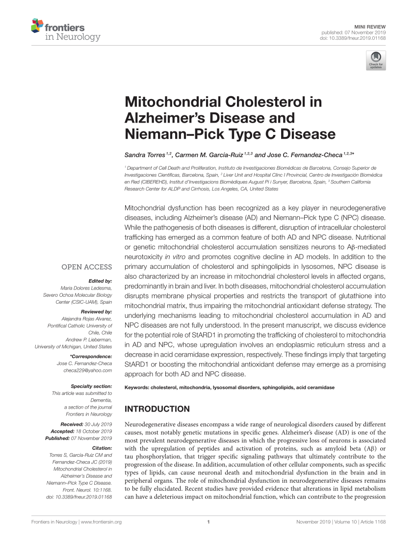 Pdf Mitochondrial Cholesterol In Alzheimers Disease And Niemannpick Type C Disease 2892