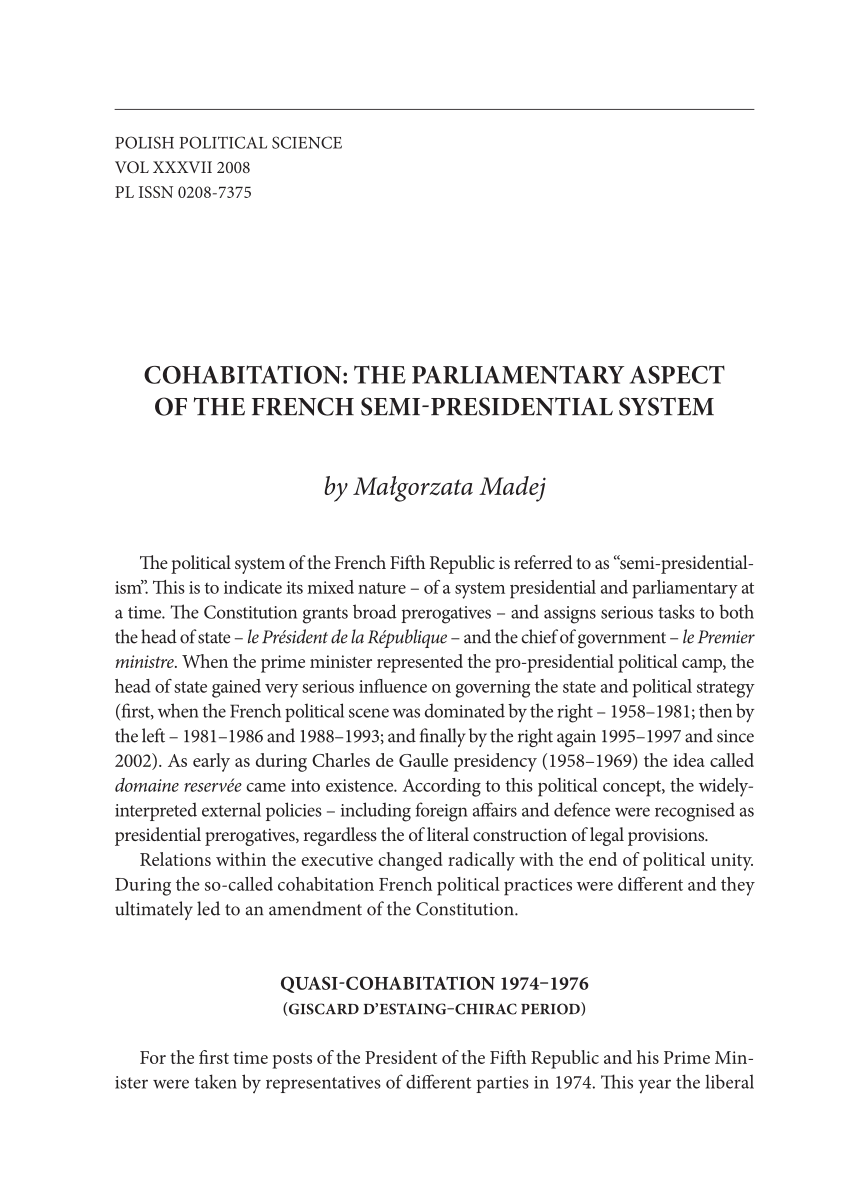 Pdf Cohabitation The Parliamentary Aspect Of The French Semi Presidential System