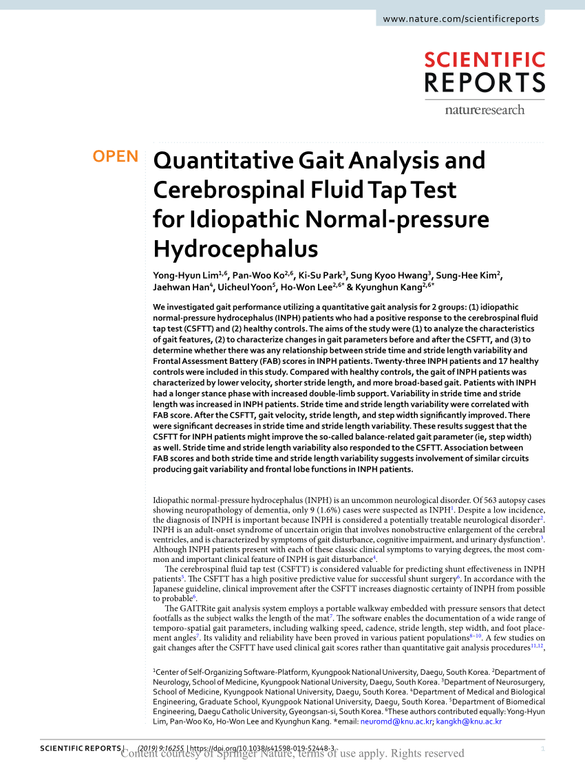 PDF) Quantitative Gait Analysis and Cerebrospinal Fluid Tap Test ...