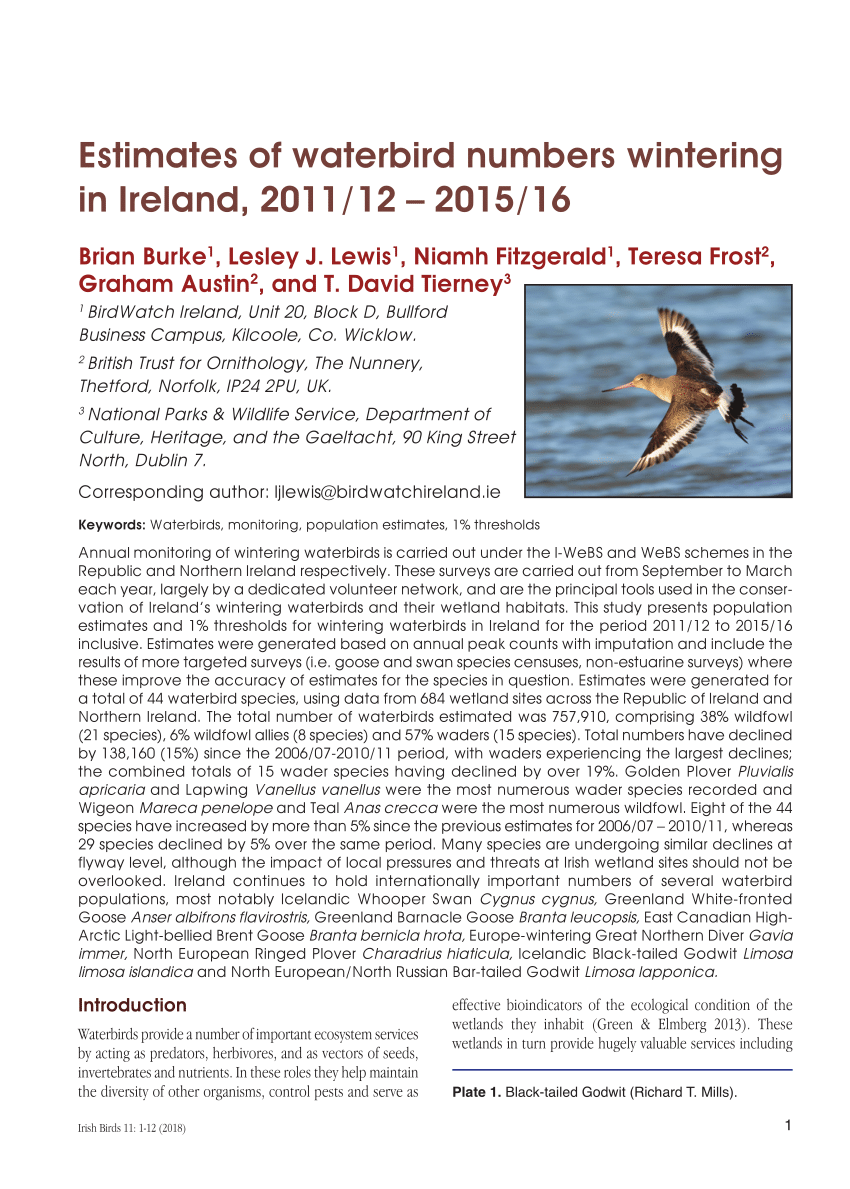 Pdf Estimates Of Waterbird Numbers Wintering In Ireland 2011 12 2015 16