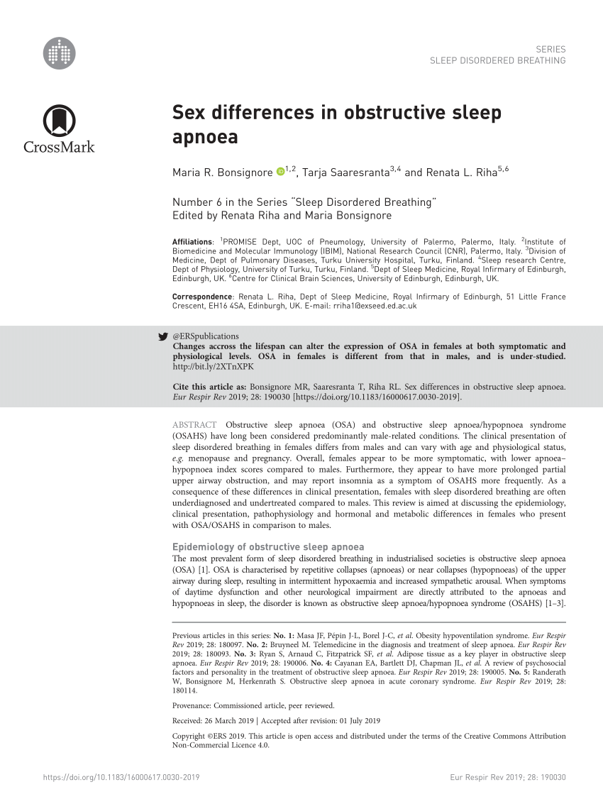 Pdf Sex Differences In Obstructive Sleep Apnoea