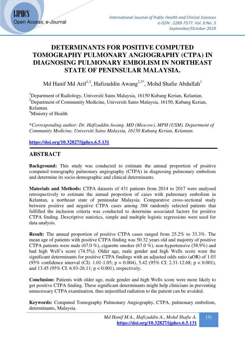 Pdf Determinants For Positive Computed Tomography Pulmonary Angiography Ctpa In Diagnosing Pulmonary Embolism In Northeast State Of Peninsular Malaysia