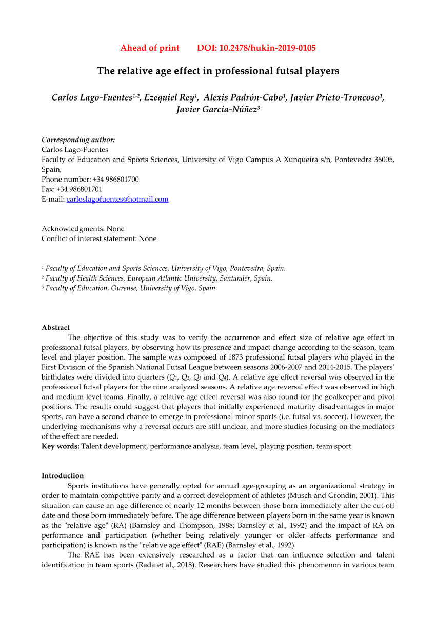 Pdf The Relative Age Effect In Professional Futsal Players