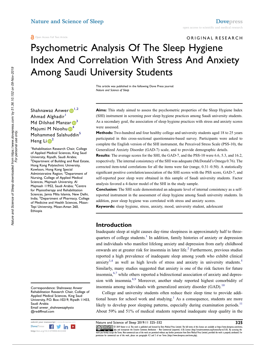 (PDF) Psychometric Analysis Of The Sleep Hygiene Index And Correlation