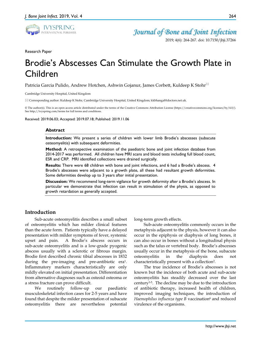 PDF Brodie s Abscesses Can Stimulate the Growth Plate in Children