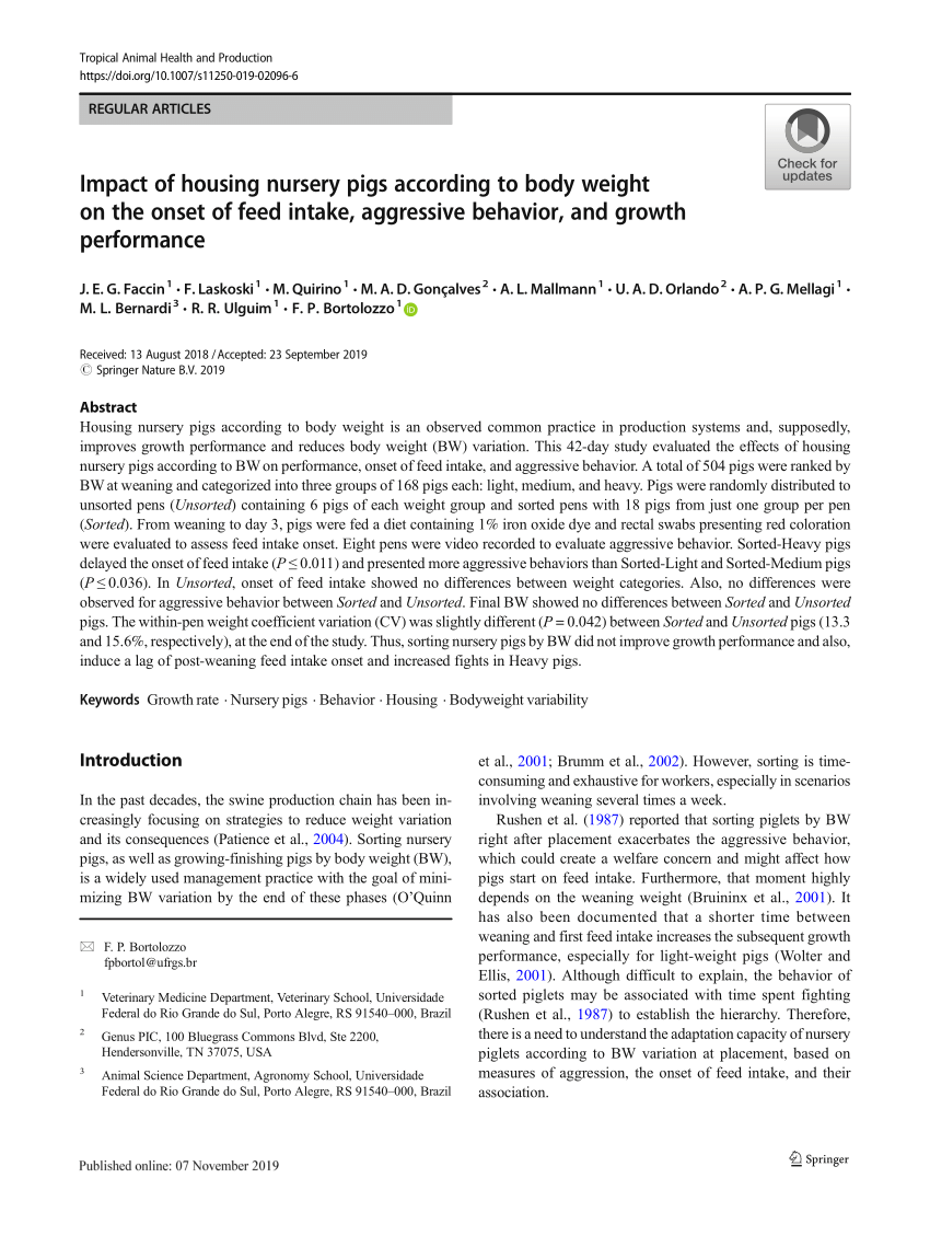 Pdf Impact Of Housing Nursery Pigs According To Body Weight On The Onset Of Feed Intake Aggressive Behavior And Growth Performance