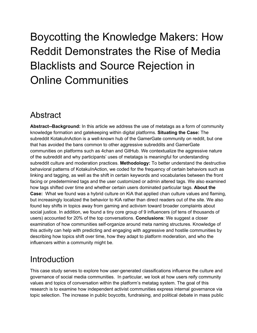 Pdf Boycotting The Knowledge Makers How Reddit Demonstrates The Rise Of Media Blacklists And Source Rejection In Online Communities