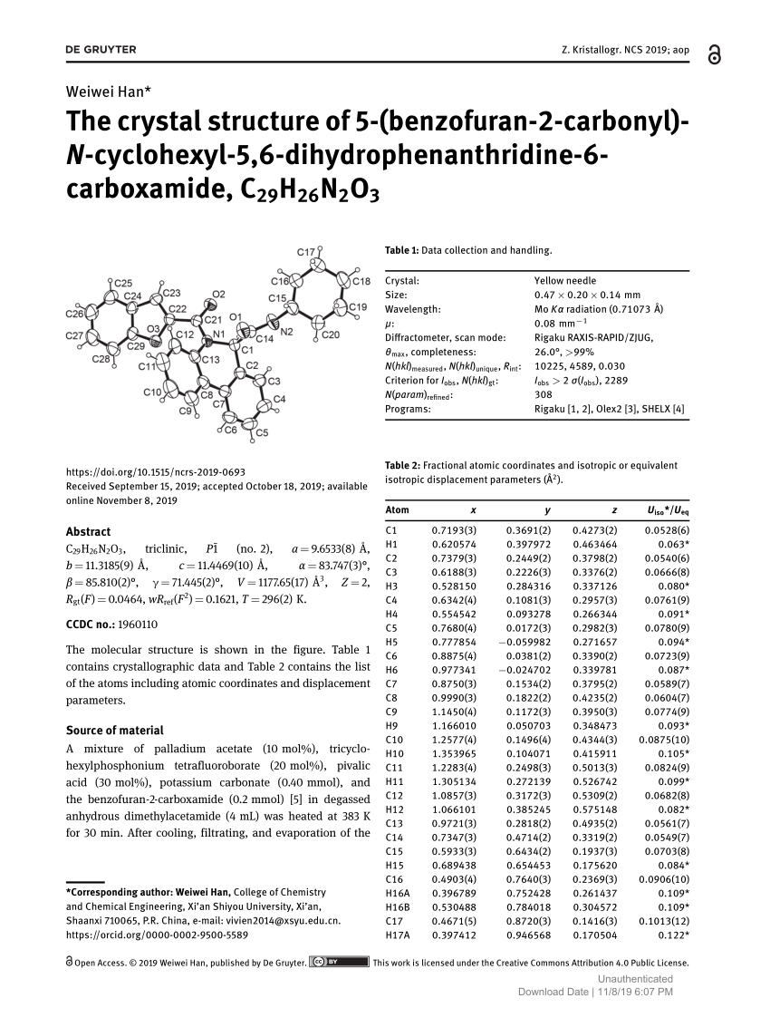 Pdf The Crystal Structure Of 5 Benzofuran 2 Carbonyl N Cyclohexyl 5 6 Dihydrophenanthridine 6 Carboxamide C29h26n2o3