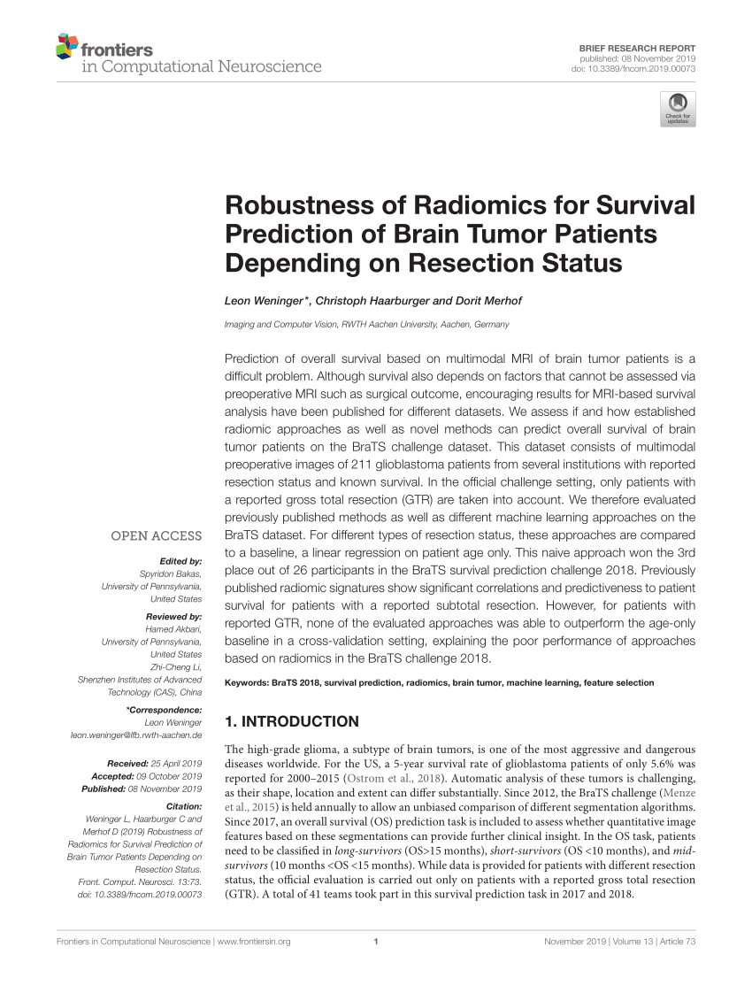 PDF) Robustness of Radiomics for Survival Prediction of Brain ...