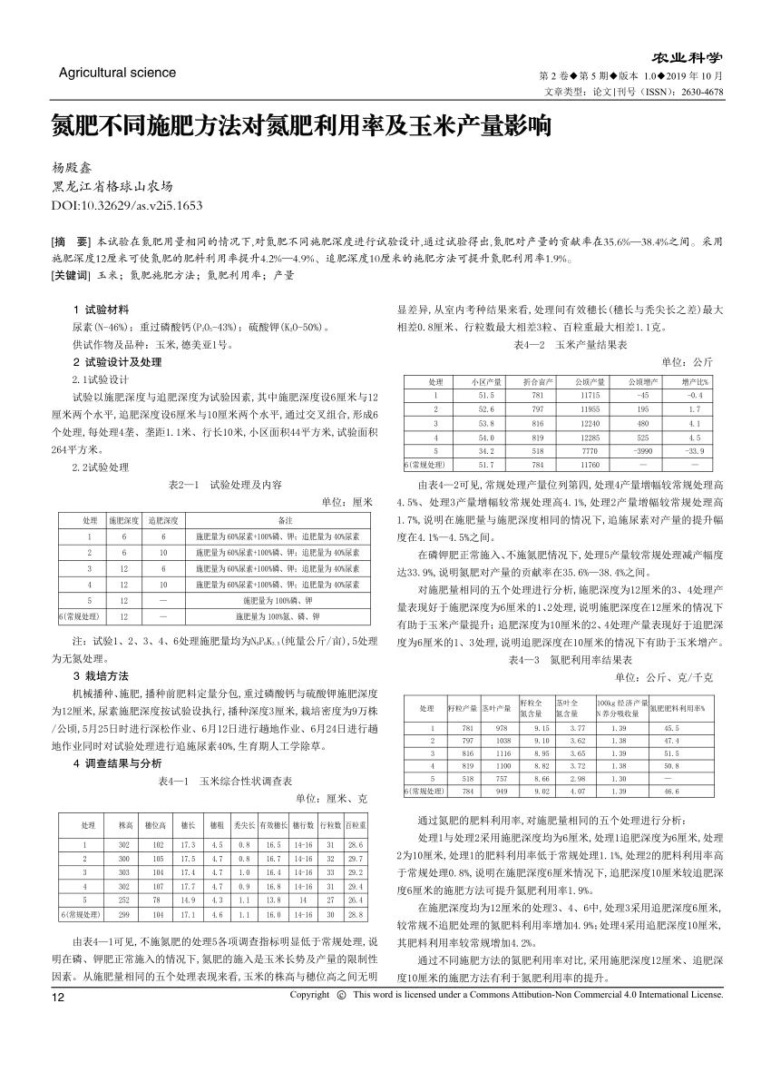 Pdf 氮肥不同施肥方法对氮肥利用率及玉米产量影响