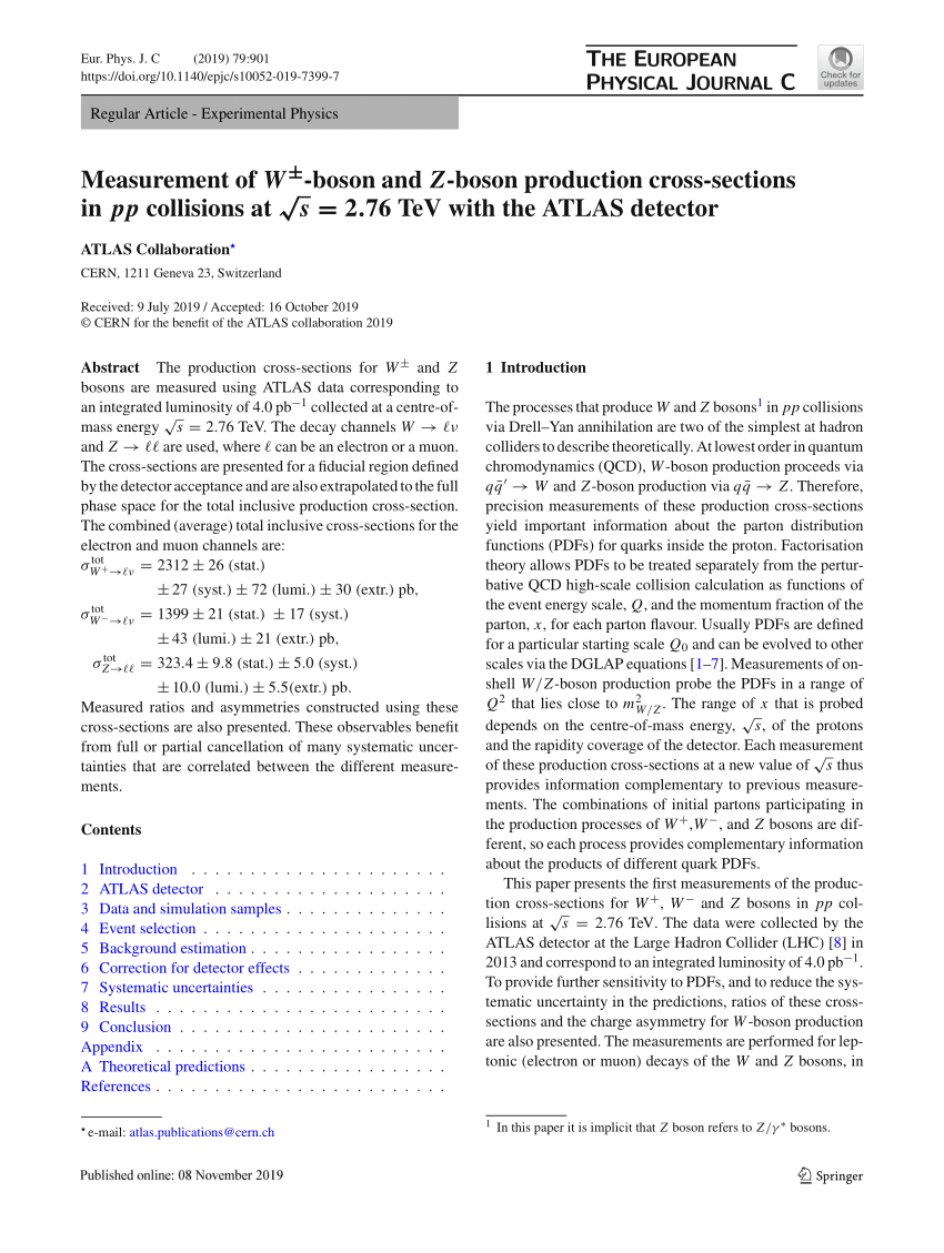 Pdf Measurement Of W Pm W Boson And Z Boson Production Cross Sections In Pp Collisions At Sqrt S 2 76 S 2 76 Tev With The Atlas Detector