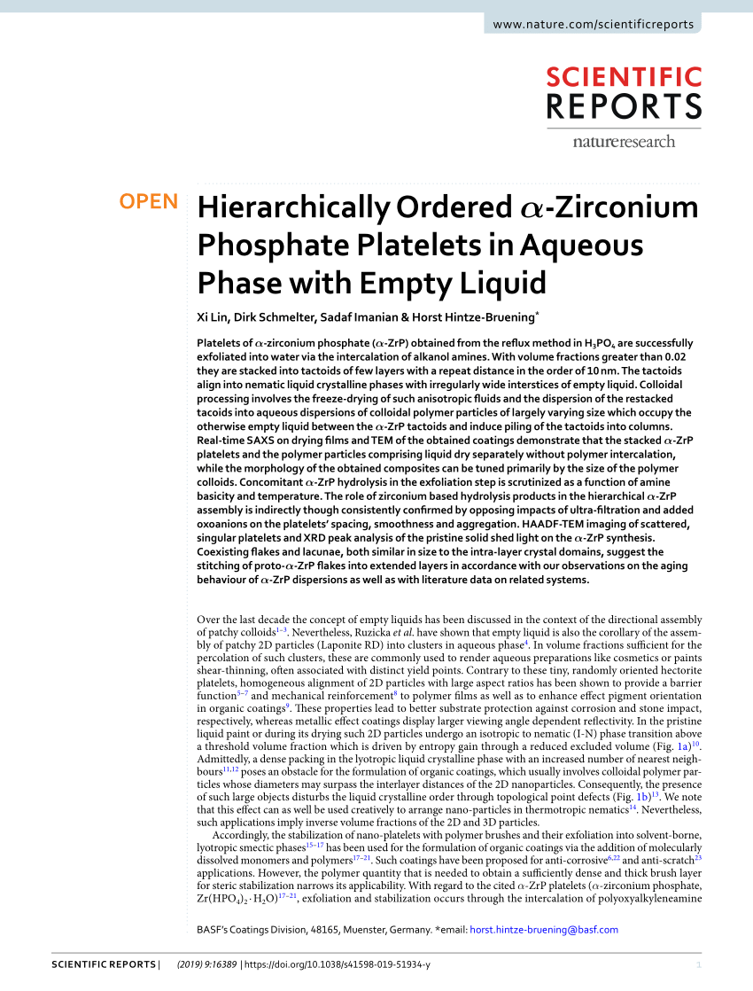 PDF) Hierarchically Ordered  -Zirconium Phosphate Platelets in ...