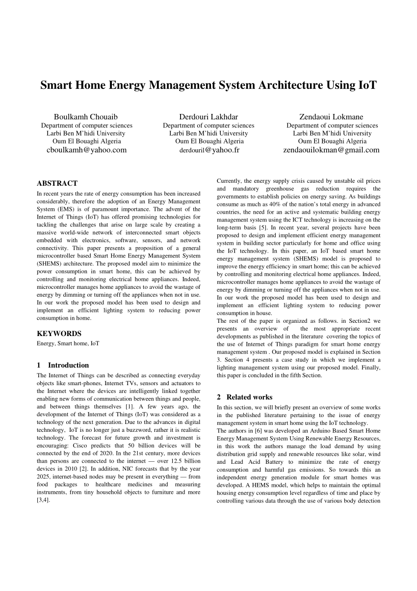 (PDF) Smart Home Energy Management System Architecture Using IoT