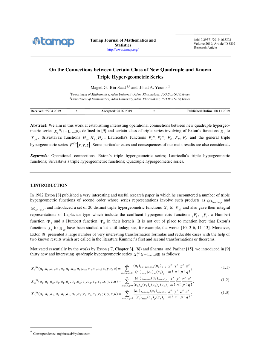 Pdf On Connections Between Certain Class Of New Quadruple And Known Triple Hypergeomtric Series