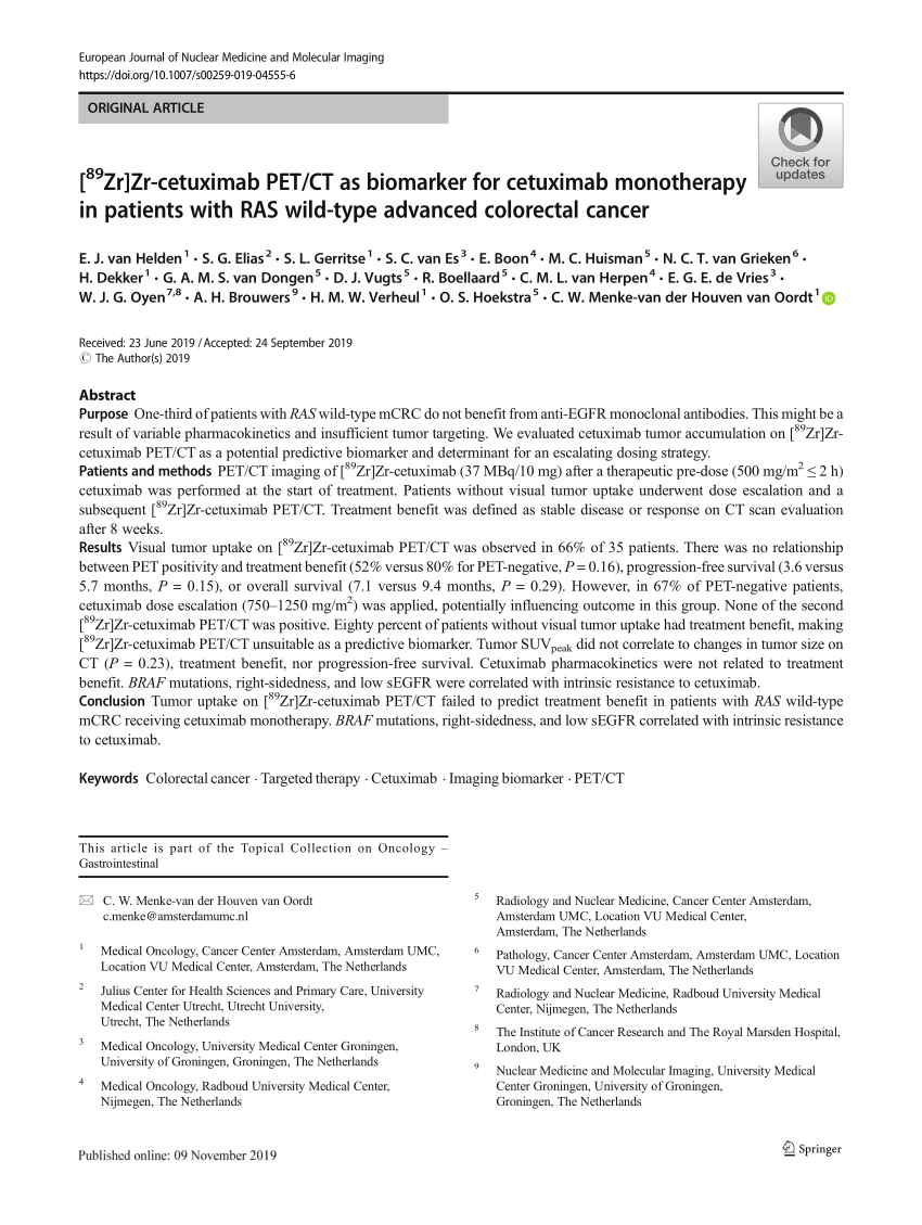 Pdf zr Zr Cetuximab Pet Ct As Biomarker For Cetuximab Monotherapy In Patients With Ras Wild Type Advanced Colorectal Cancer