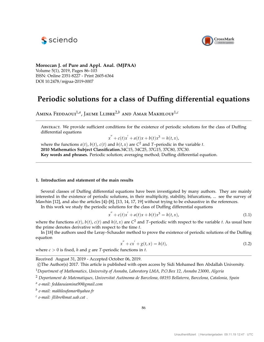 Pdf Periodic Solutions For A Class Of Duffing Differential Equations