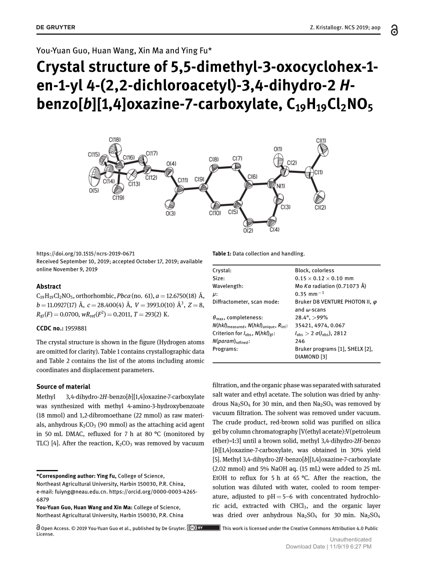 Pdf Crystal Structure Of 5 5 Dimethyl 3 Oxocyclohex 1 En 1 Yl 4 2 2 Dichloroacetyl 3 4 Dihydro 2 H Benzo B 1 4 Oxazine 7 Carboxylate C19h19cl2no5
