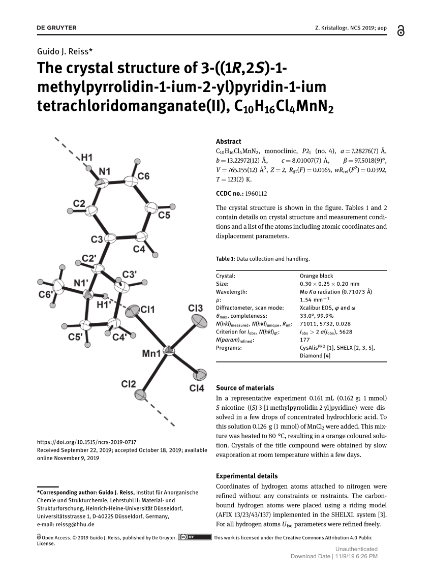 Pdf The Crystal Structure Of 3 1r 2s 1 Methylpyrrolidin 1 Ium 2 Yl Pyridin 1 Ium Tetrachloridomanganate Ii C10h16cl4mnn2