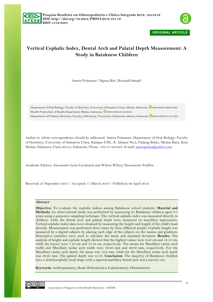 PDF) Vertical Cephalic Index, Dental Arch and Palatal Depth Measurement A Study in Bataknese Children