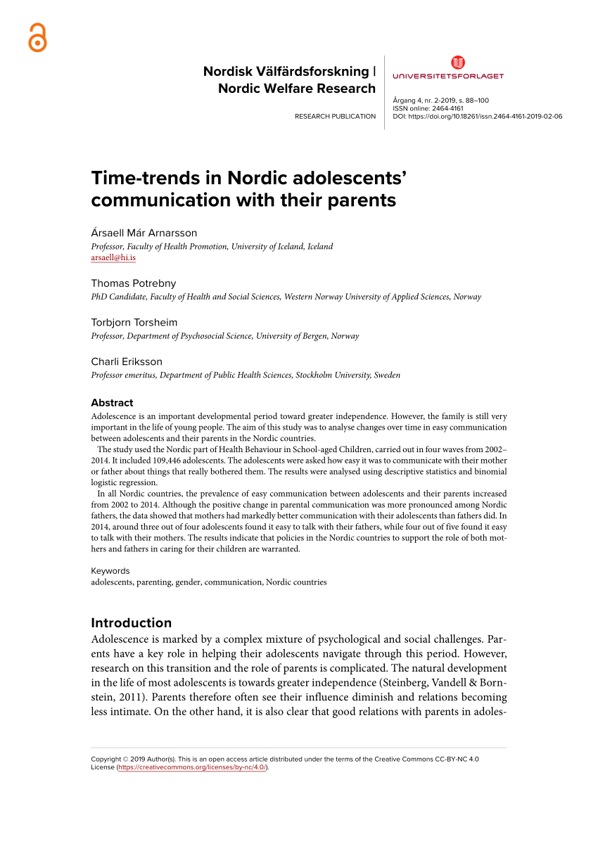 Tag væk Grøn Highland PDF) Time-trends in Nordic adolescents' communication with their parents