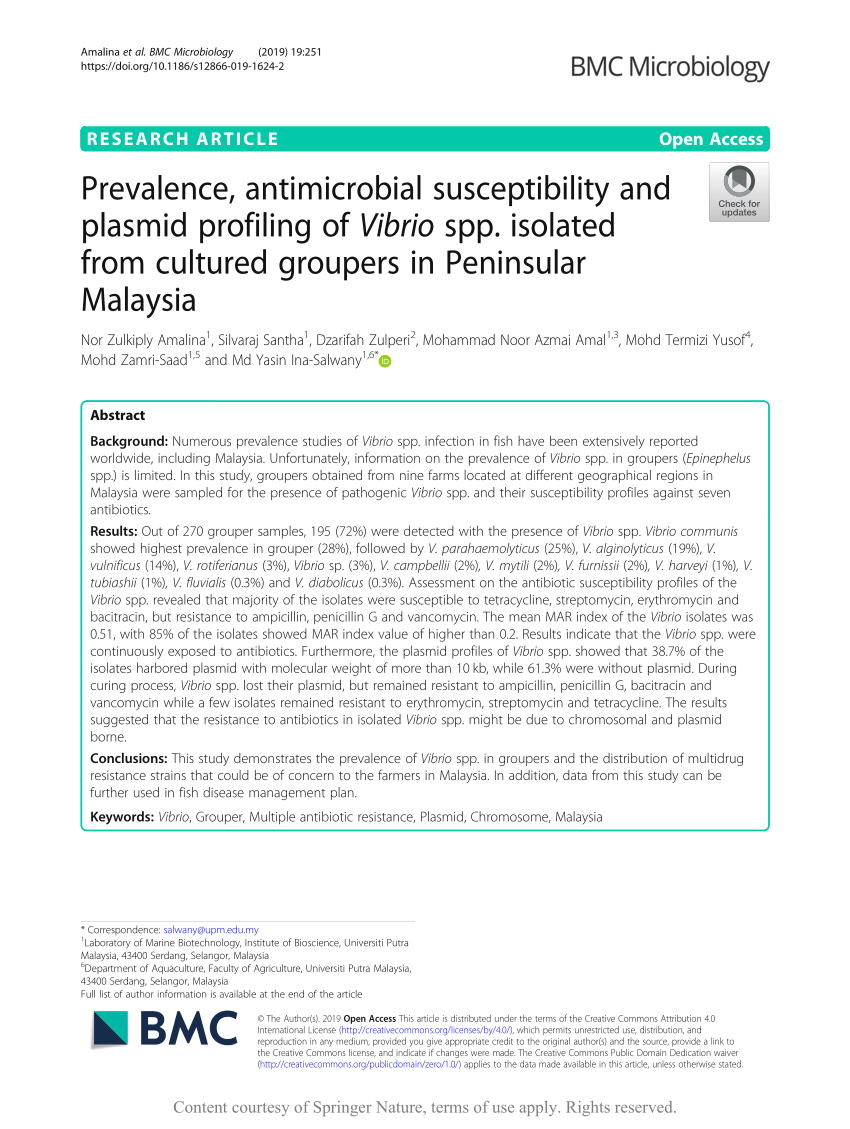 Pdf Prevalence Antimicrobial Susceptibility And Plasmid Profiling Of Vibrio Spp Isolated From Cultured Groupers In Peninsular Malaysia
