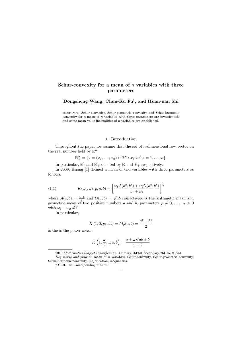 Pdf Schur Convexity For A Mean Of N Variables With Three Parameters