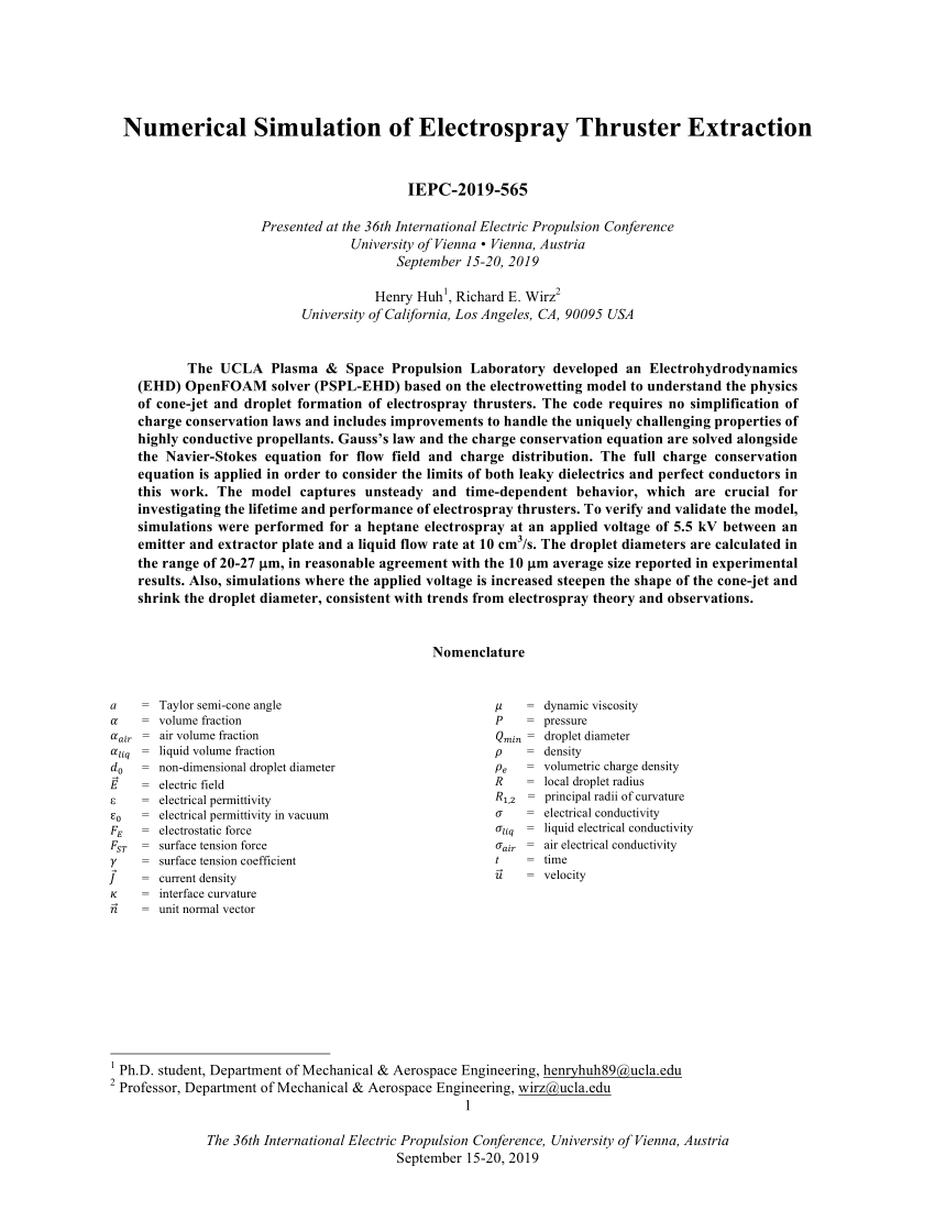 Pdf Numerical Simulation Of Electrospray Thruster Extraction