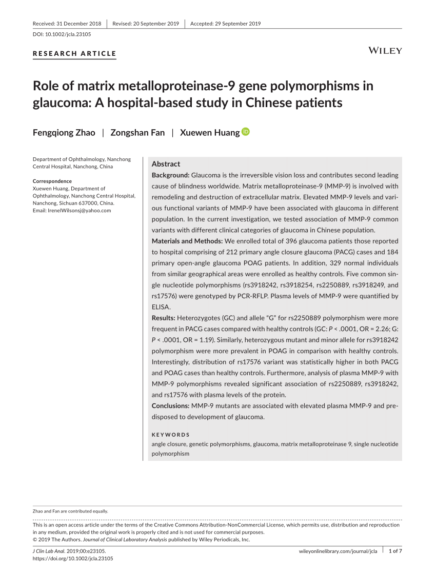 PDF) Role of matrix metalloproteinase‐9 gene polymorphisms in