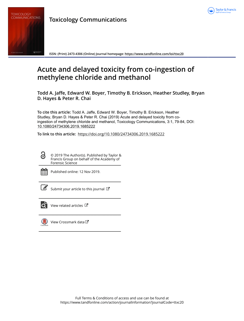 Pdf Acute And Delayed Toxicity From Co Ingestion Of Methylene Chloride And Methanol