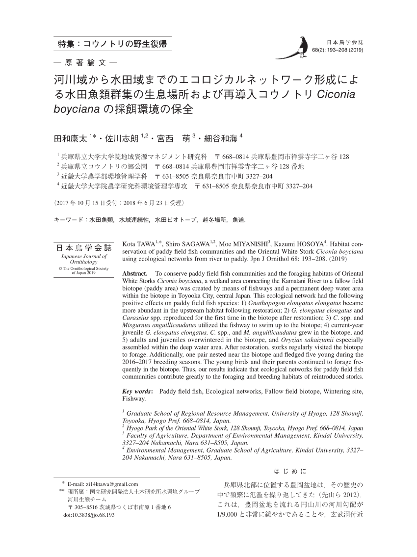 Pdf Habitat Conservation Of Paddy Field Fish Communities And The Oriental White Stork Ciconia Boyciana Using Ecological Networks From River To Paddy河川域から水田域までのエコロジカルネットワーク形成による水田魚類群集の生息場所および再導入コウノトリ