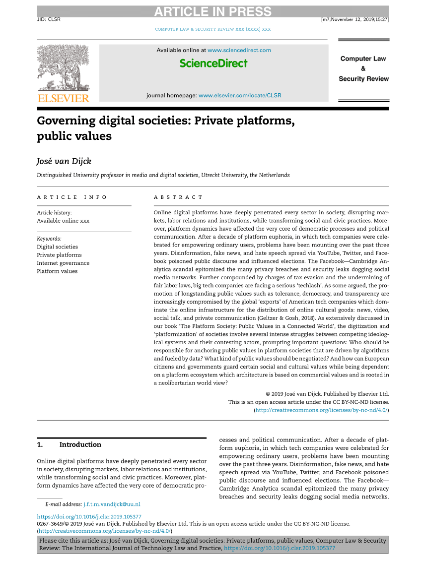 PDF) Governing digital societies: Private platforms, public values