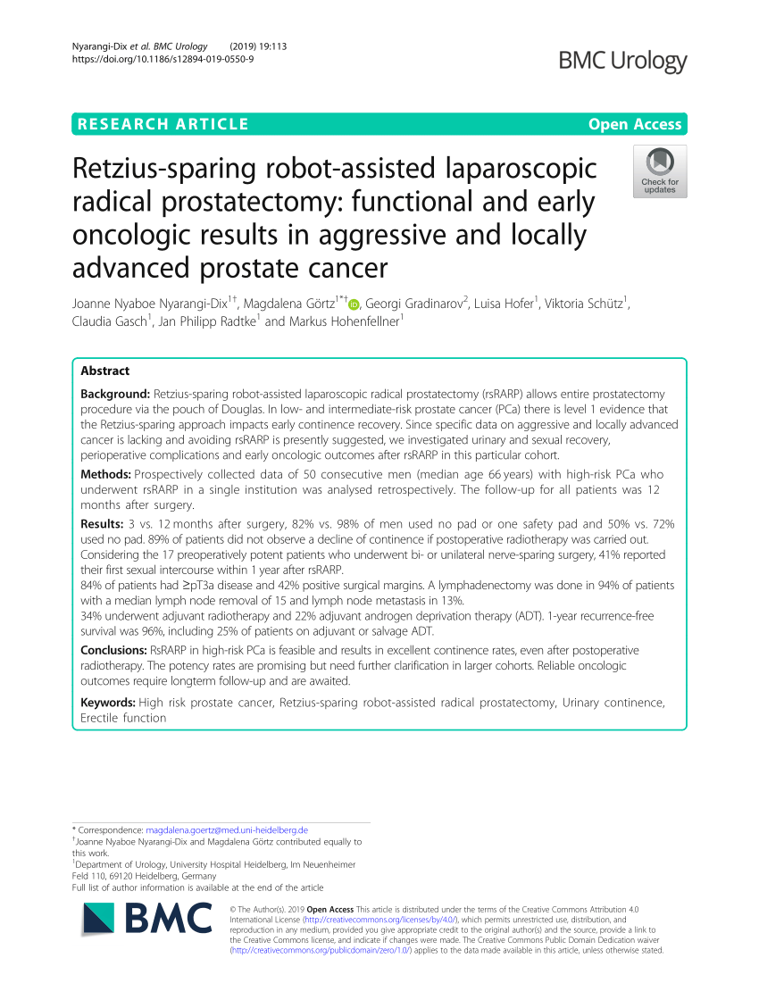 Pdf Retzius Sparing Robot Assisted Laparoscopic Radical Prostatectomy Functional And Early 4601